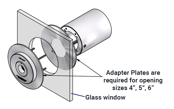 drawing showing proper placement and installation of window adapters for glass hole diameters over 4"