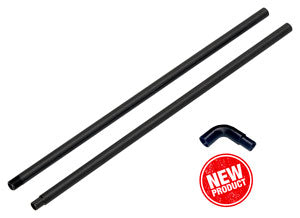 Two black metal pipes with a red 'NEW PRODUCT' label on a white background