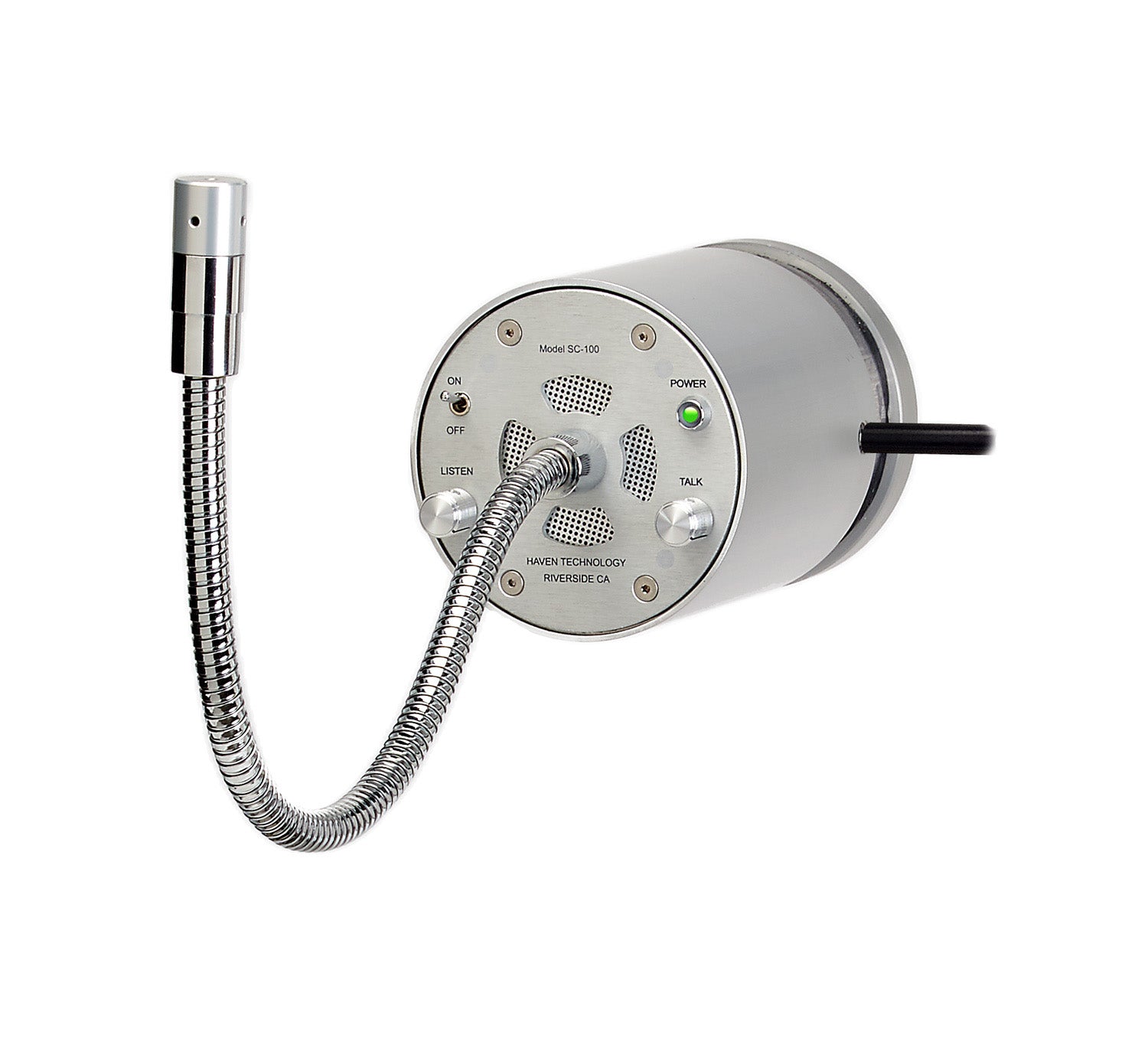 image of standard haventech sc-100 window intercom, rugged aluminum build, showing conduit