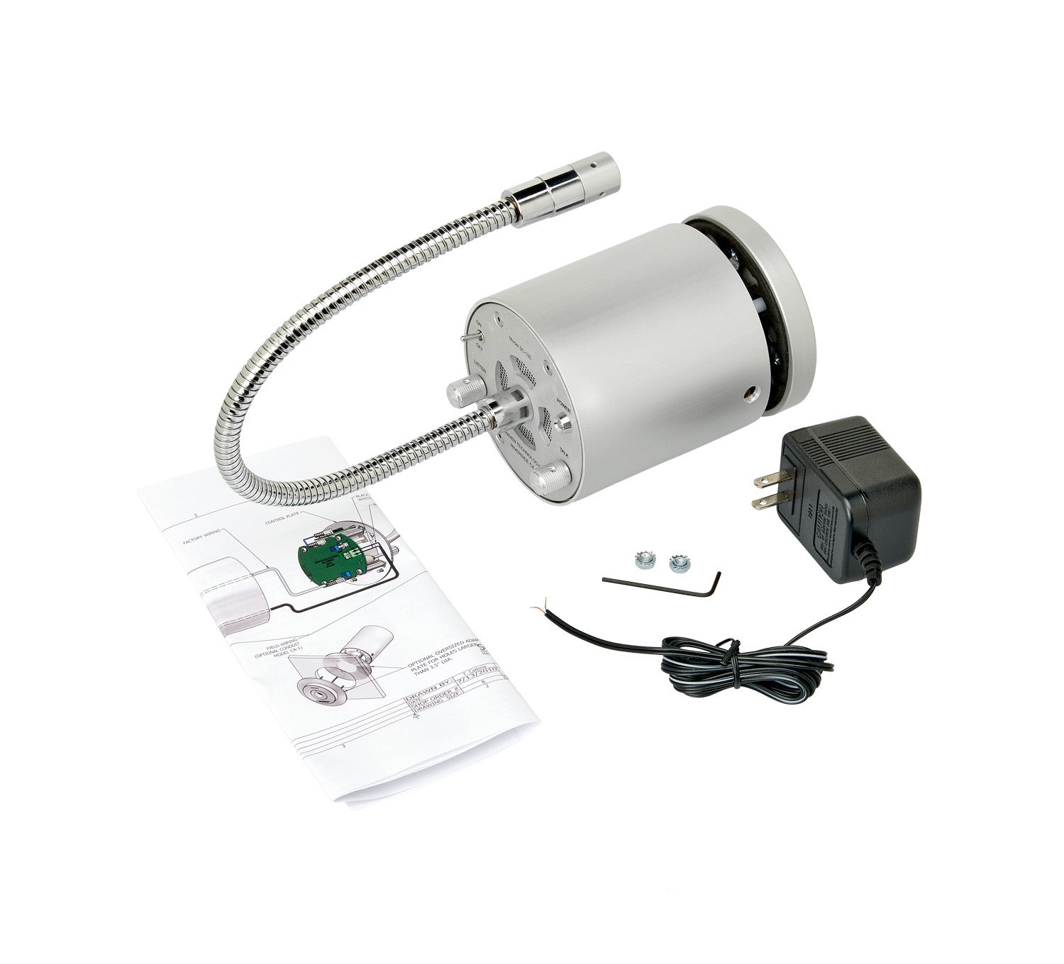 haventech sc-100 window intercom, rugged aluminum buildwhats in the box, instruction sheet , cabling. AC power converter.