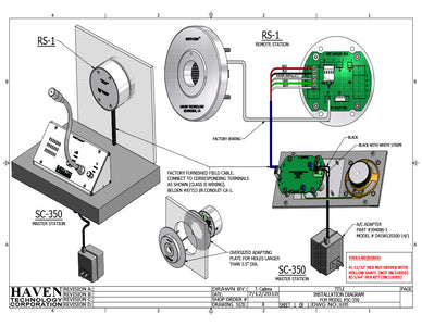 Technical diagram of electronic components and wiring for a Haven SC-350 window intercom system.