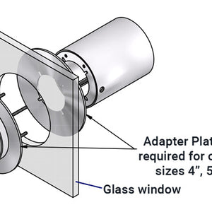drawing showing proper placement and installation of window adapters for glass hole diameters over 4"