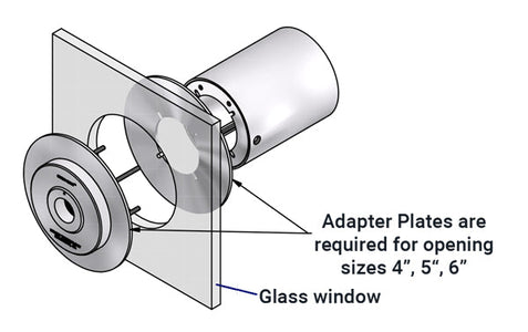 drawing showing proper placement and installation of window adapters for glass hole diameters over 4"