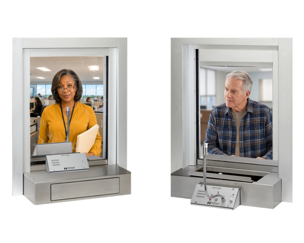 images shows 2 people, each using the Countertop SC-300 Window Intercom