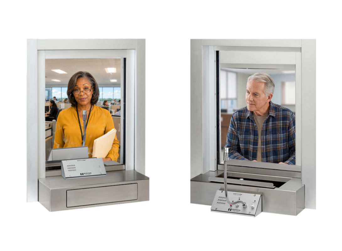 images shows 2 people, each using the Countertop SC-300 Window Intercom