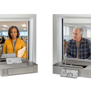 images shows 2 people, each using the Countertop SC-300 Window Intercom