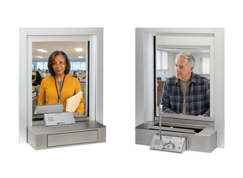 images shows 2 people, each using the Countertop SC-300 Window Intercom