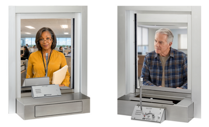 images shows 2 people, each using the Countertop SC-300 Window Intercom