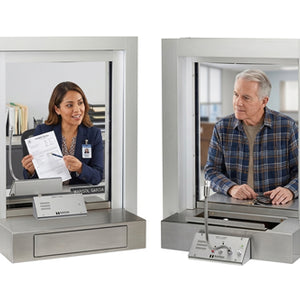 2 persons communicating through a glass window by window intercom by HavenTech Intercoms